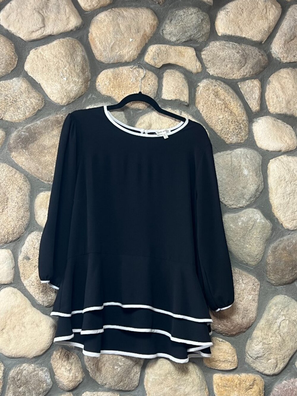 Faith & Joy Black Long Sleeve Blouse Size Medium Contrast Trim Top
